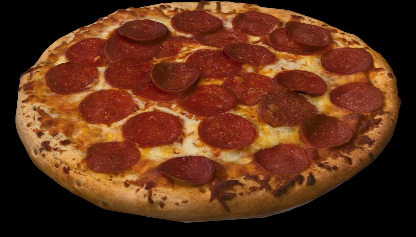 The pizza scan placed on a wooden table, seen through the phone camera
